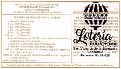 Reverso del d&eacute;cimo 58741 con el sello de la Administraci&oacute;n n&ordm; 2 &laquo;Loter&iacute;a Castro&raquo;, en San Vicente de la Barquera